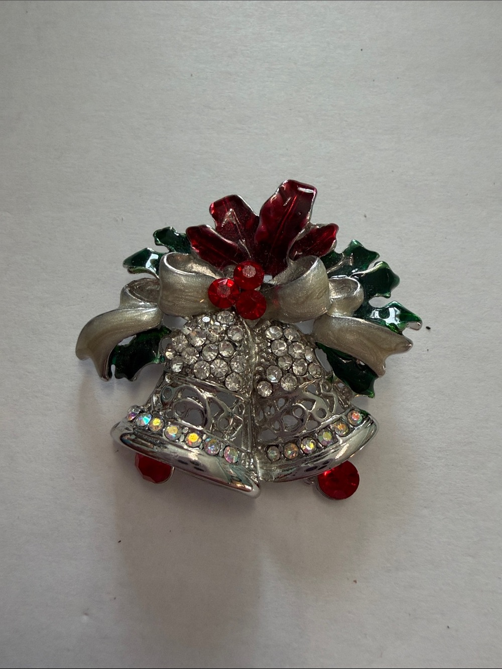 Vintage Rhinestone Holiday Bells Brooch with Enamel Holly and Bow
